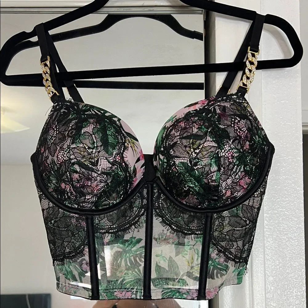 VS Victoria Secret Floral Lace Bustier Top corset with Gold Chain Straps 36 C